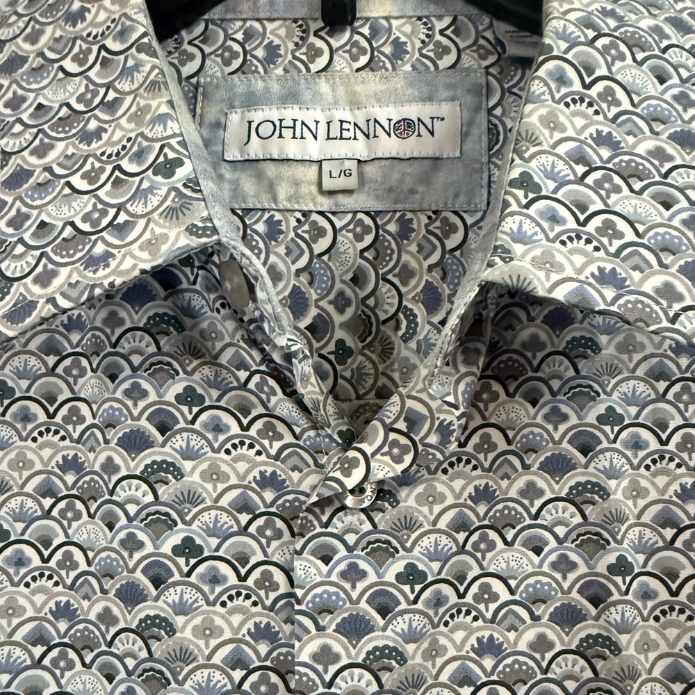 John Lennon Geometric Long Sleeve Button Dress Shirt Size L 100 Percent Cotton - Picture 3 of 5